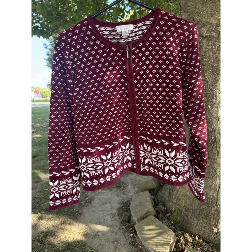 Christopher &  Banks Women's Size M Zip Up‎ Burgundy Sweater Snowflake Accents